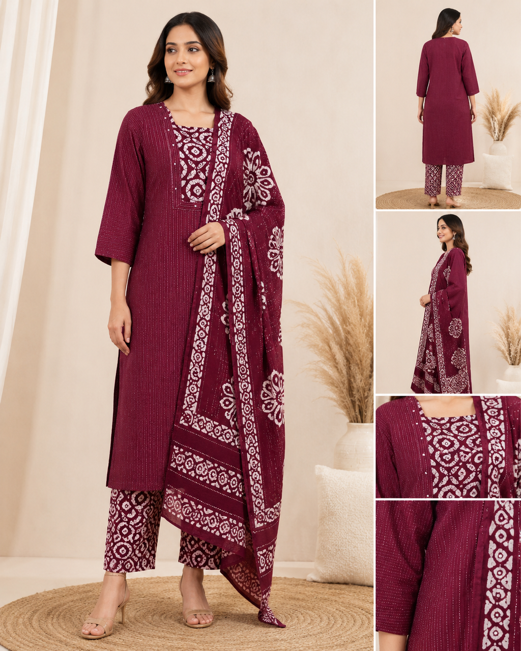 Wine Maroon Kantha-Style 3-Piece Kurta Set