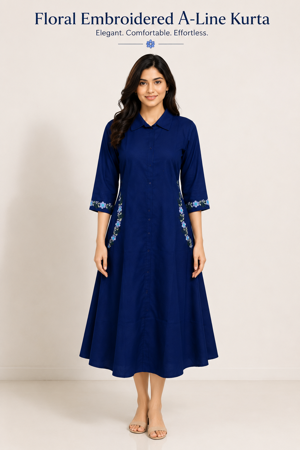 Royal Navy Blue Floral Embroidered A-Line Kurta