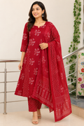 Brick Red Floral Printed A-Line Panel Cut Churidar Set