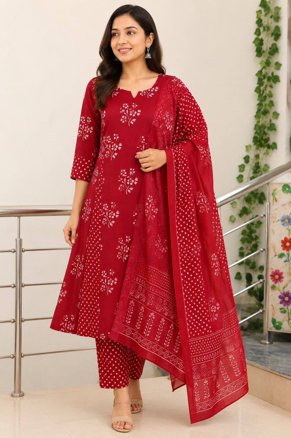 Brick Red Floral Printed A-Line Panel Cut Churidar Set