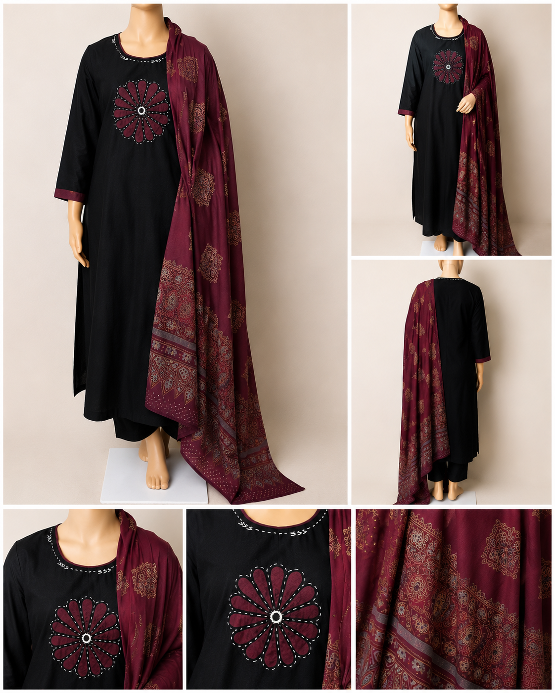 Black & Maroon Floral Embroidered 3-Piece Kurta Set with Printed Dupatta