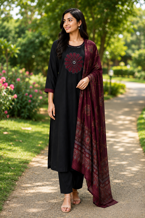 Black & Maroon Floral Embroidered 3-Piece Kurta Set with Printed Dupatta