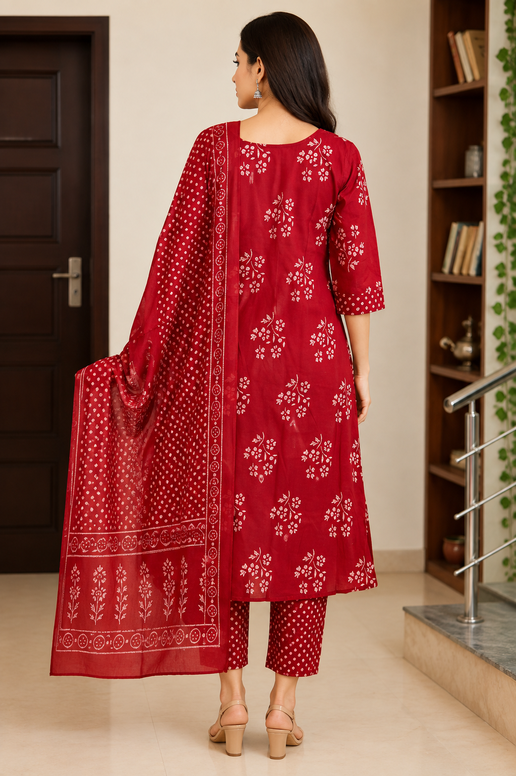 Brick Red Floral Printed A-Line Panel Cut Churidar Set