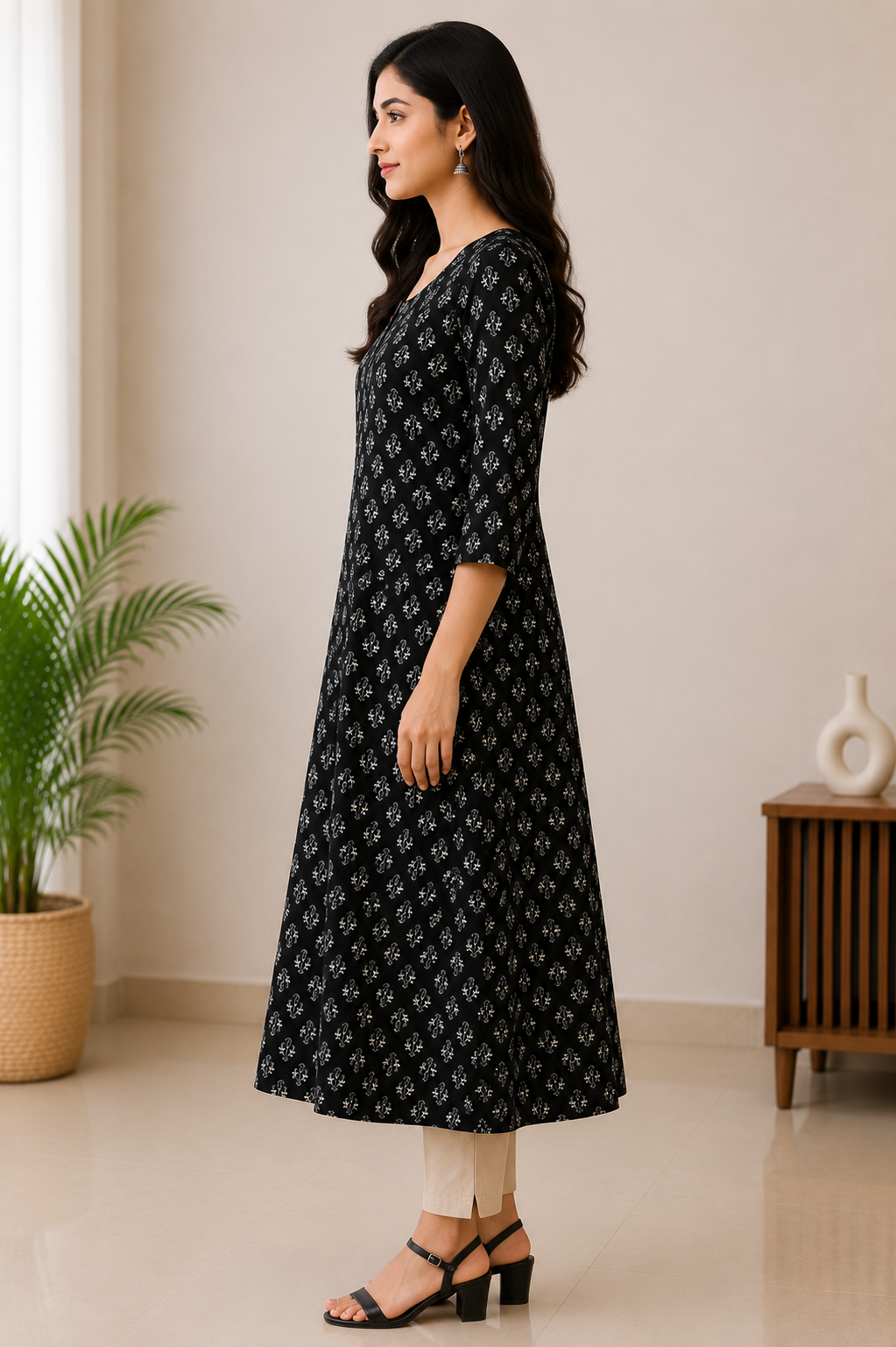 Black Printed A-Line Kurti