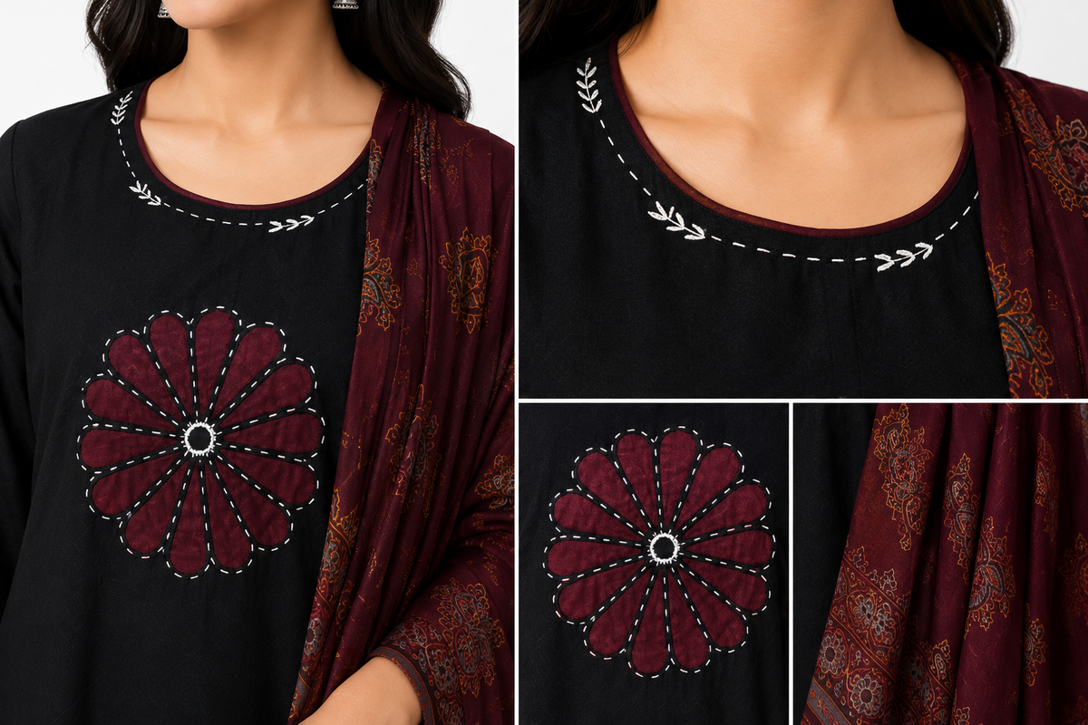 Black & Maroon Floral Embroidered 3-Piece Kurta Set with Printed Dupatta