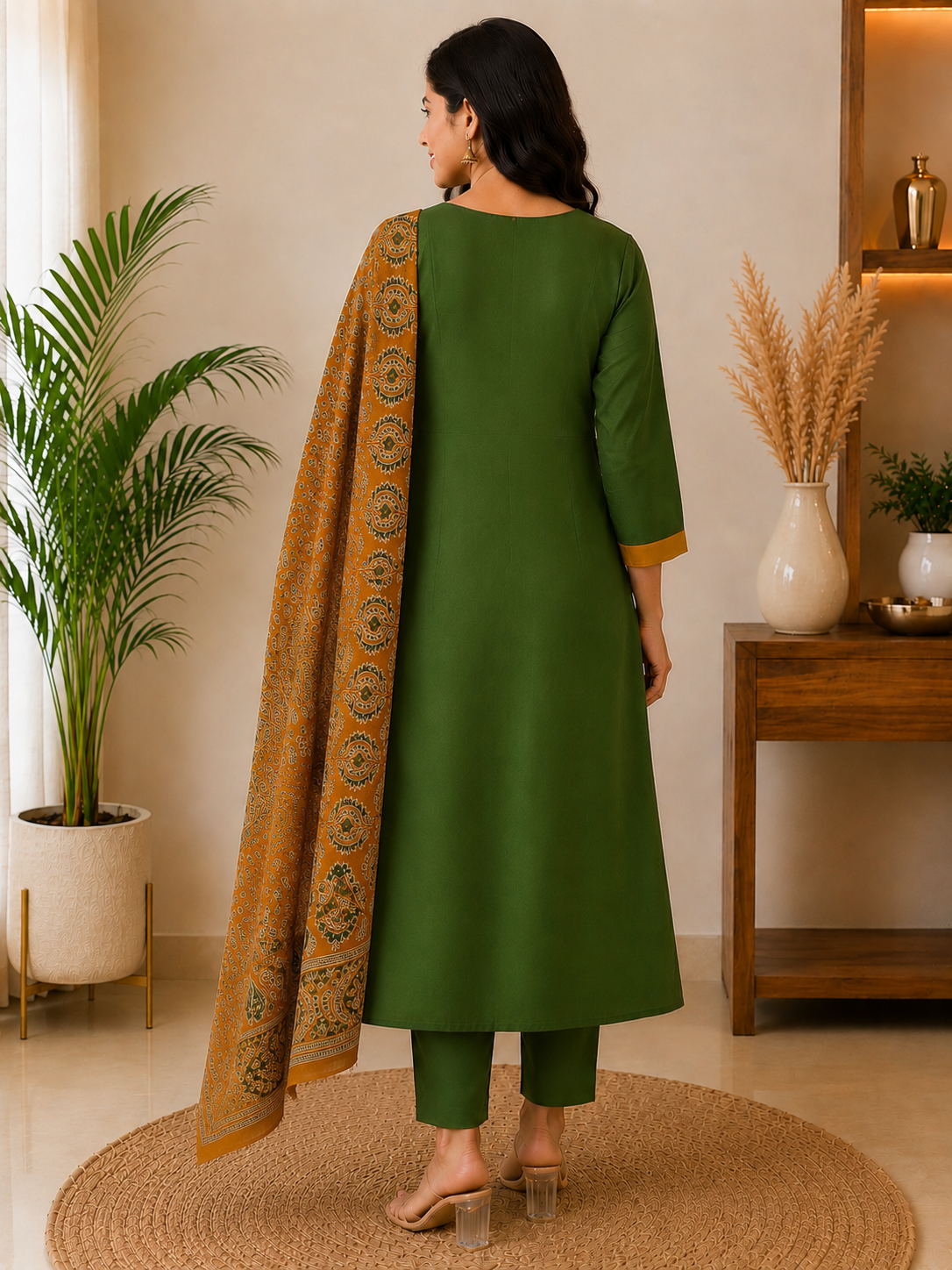 Green A-Line Kurta Set with Printed Dupatta