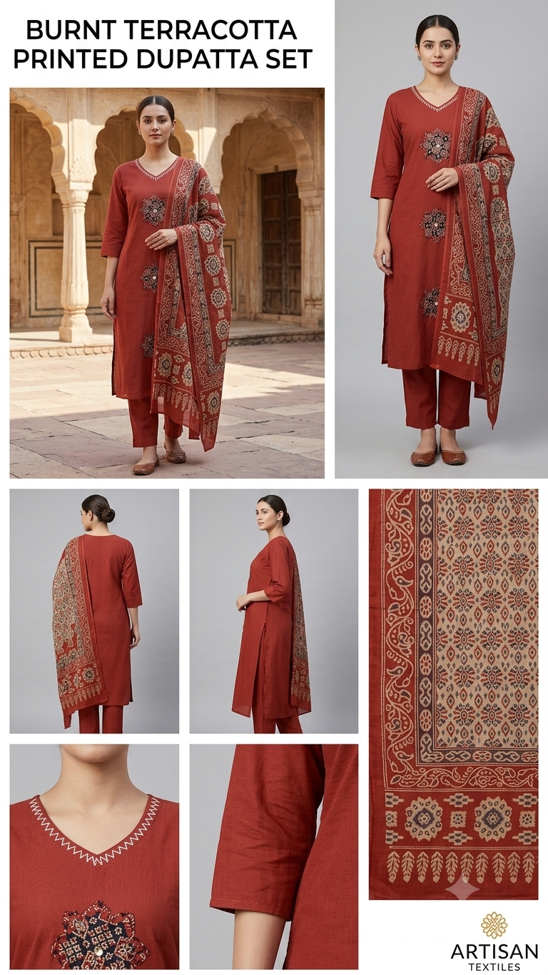 Burnt Terracotta Printed 3-Piece Kurta Set with Dupatta