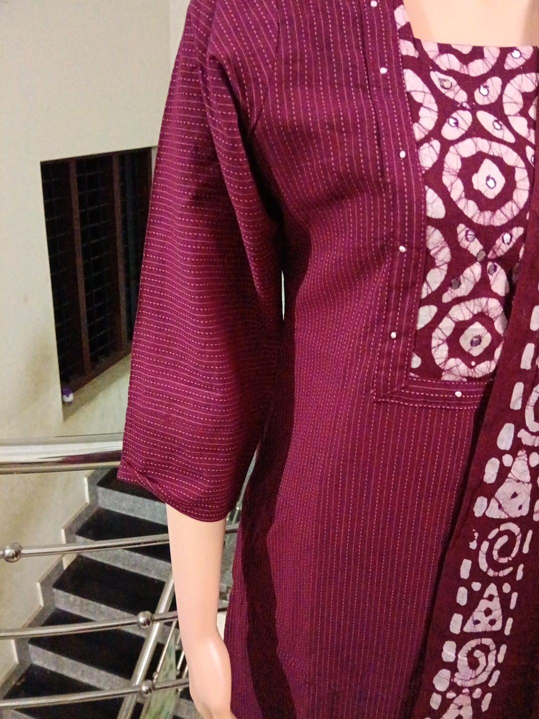 Wine Maroon Kantha-Style 3-Piece Kurta Set
