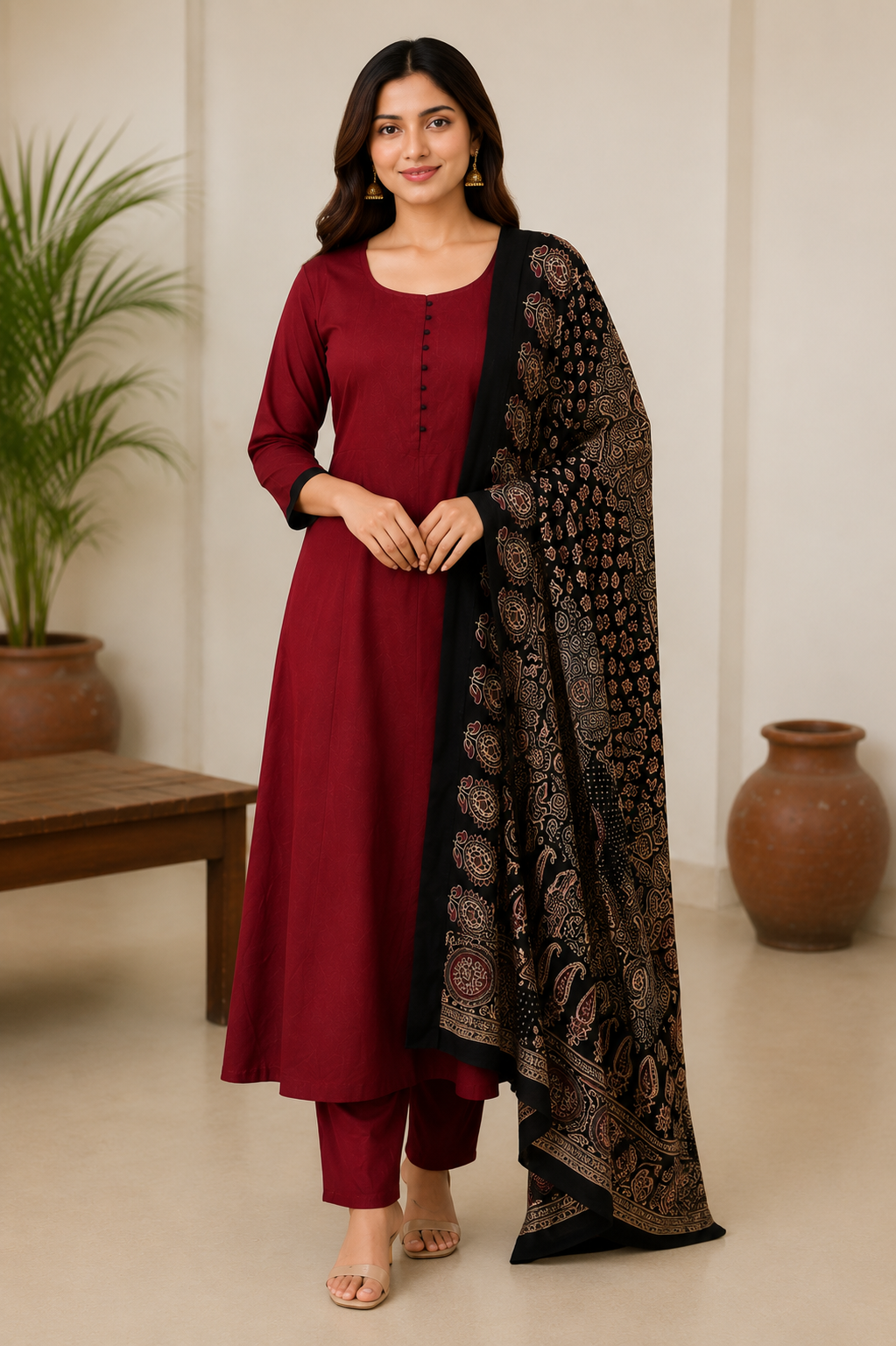Maroon A-Line Kurta Set with Printed Dupatta