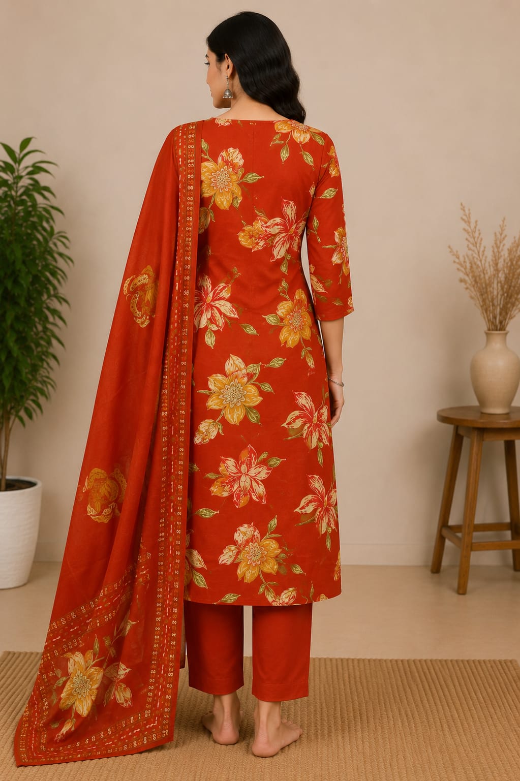 Rust Floral Printed Straight Kurta Set with Dupatta