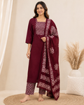 Wine Maroon Kantha-Style 3-Piece Kurta Set