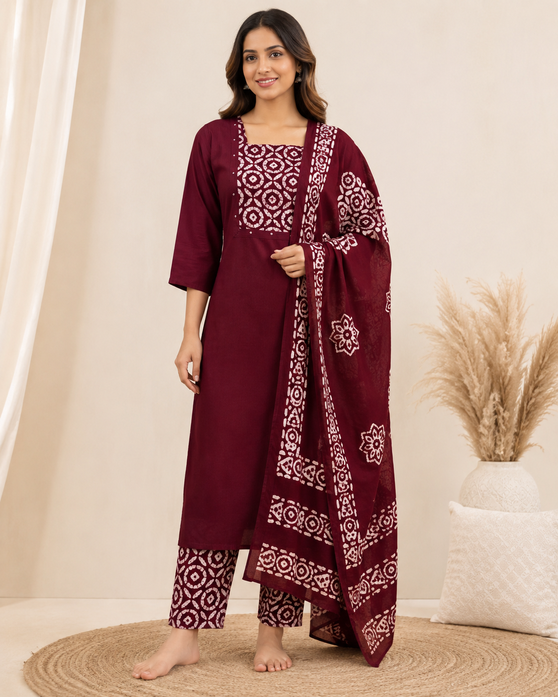 Wine Maroon Kantha-Style 3-Piece Kurta Set