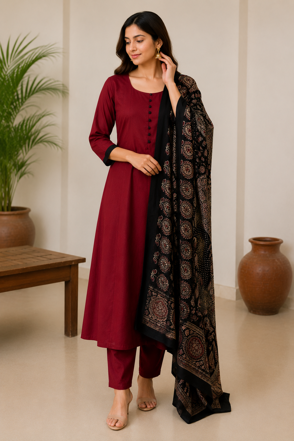 Maroon A-Line Kurta Set with Printed Dupatta